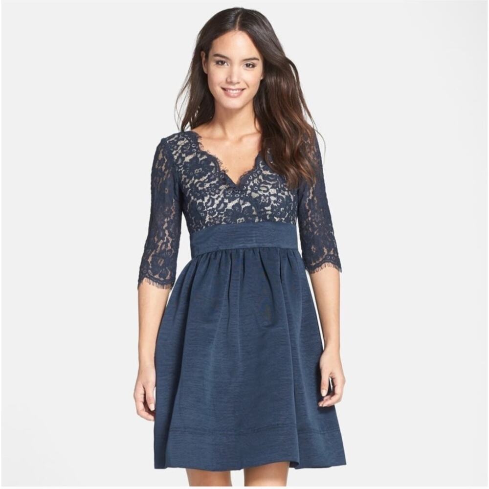 Eliza J Navy Lace Bodice Midi Dress